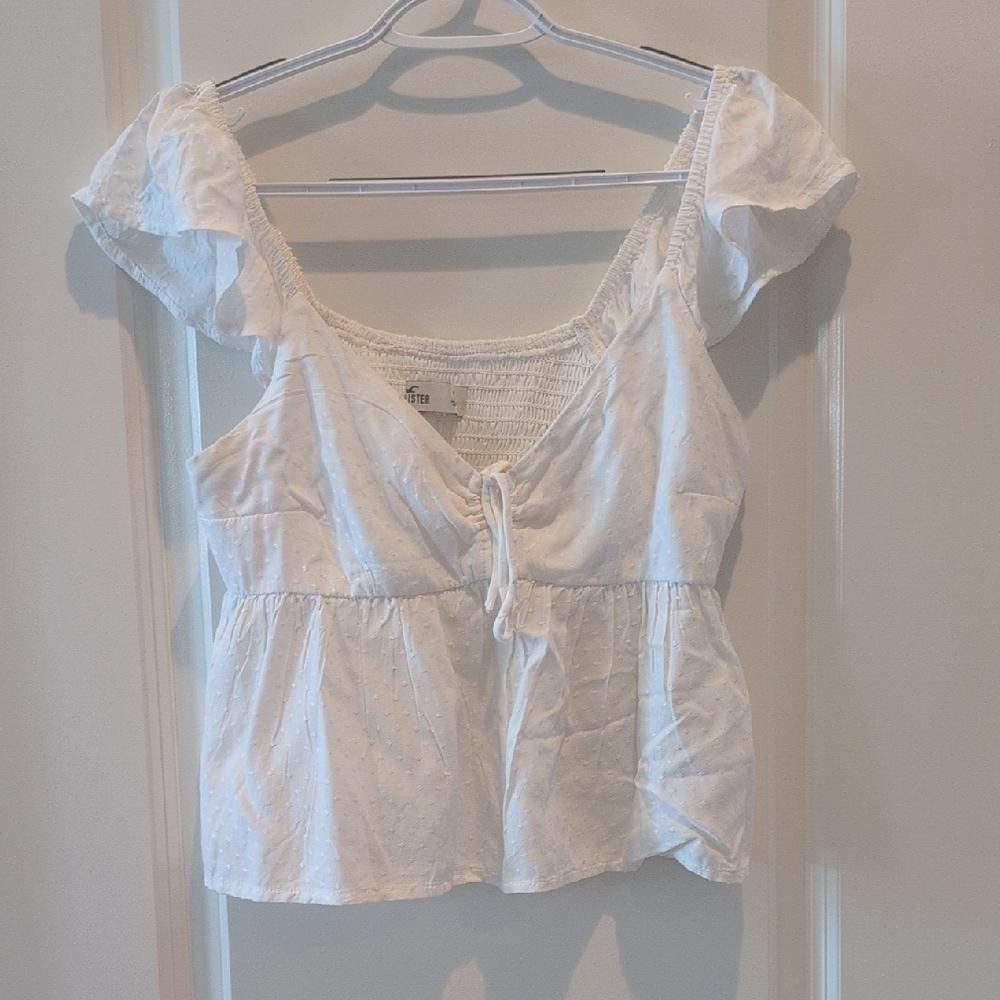 Hollister White Swiss Dot Peplum Tie-Front Top